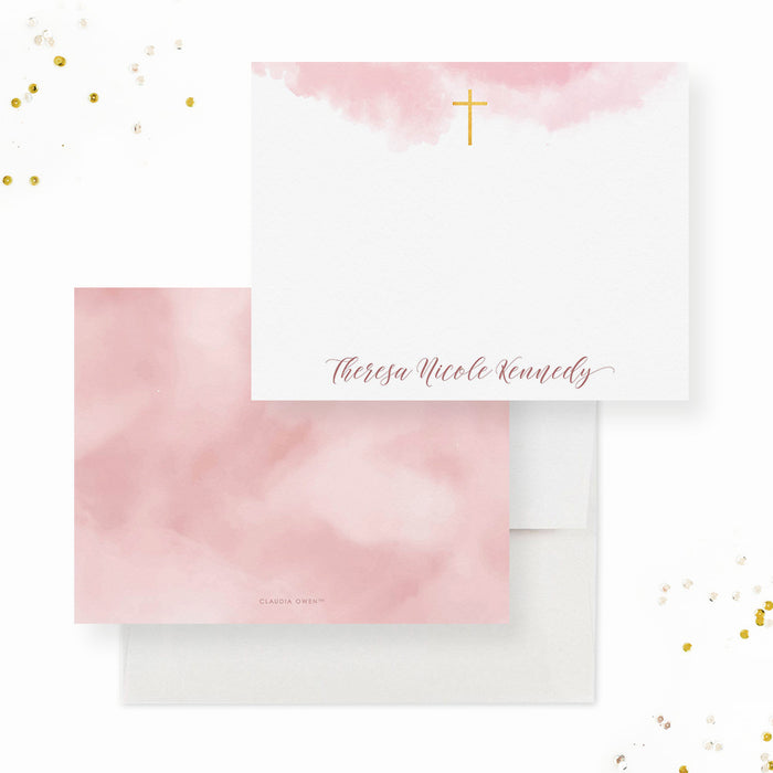 Christening Thank You Note Card, Religious Christian Baptism Thank You Card, Custom Blush Pink Confirmation First Communion Stationery