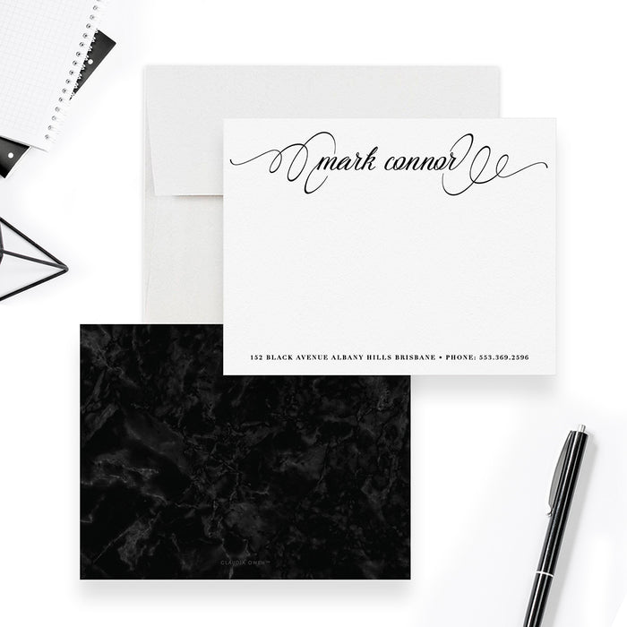 Elegant Calligraphy Personalized Note Card For Men and Women, Classy Script Font Correspondence Stationery Card Design, Black and White