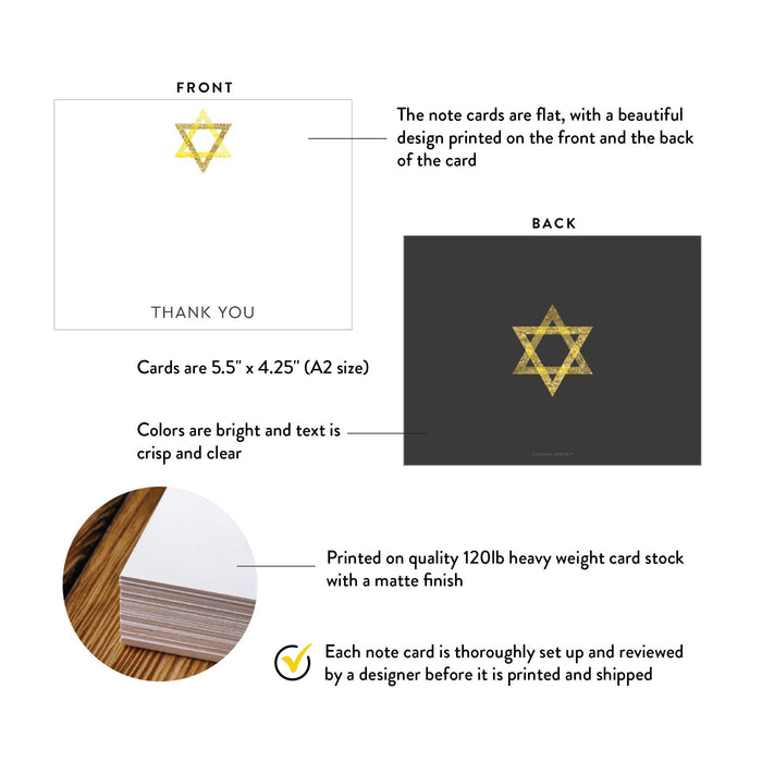 Black and Gold Bat Mitzvah Thank You Cards, Elegant Jewish Note Card, Custom Jewish Thank You Cards with Star of David