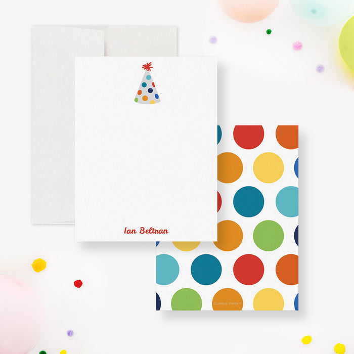 Personalized Colorful Birthday Note Cards with Party Hat, Cute Thank You Cards for 1st 2nd 3rd Birthday, Custom Kids Stationery