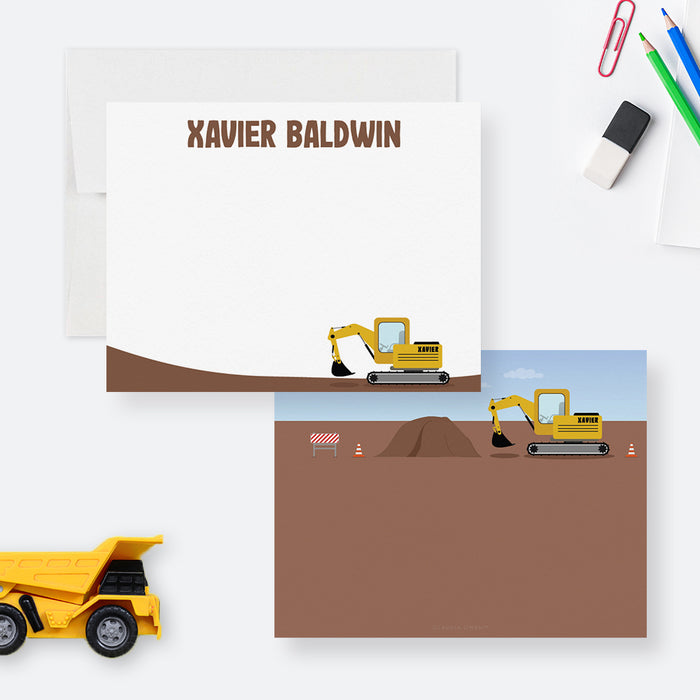 Boys Personalized Excavator Note Cards, Kids Construction Themed Birthday Note Cards, Boys Stationery Thank You Cards, Digging Dirt