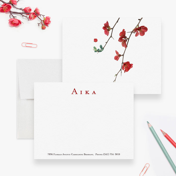Cherry Blossom Flowers Note Card, Personalized Asian Feminine Stationery, Japanese Women's Floral Thank You Card, Oriental Design