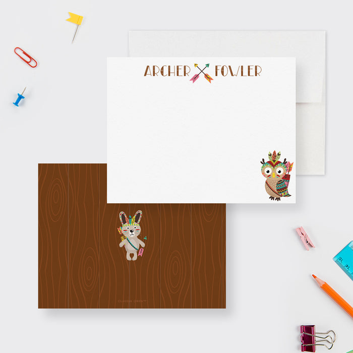 Owl and Rabbit Tribal Note Cards, Personalized Kids Boho Bunny Stationery Set, Custom Tribal Arrows Thank You Cards, Baby Shower Thank You