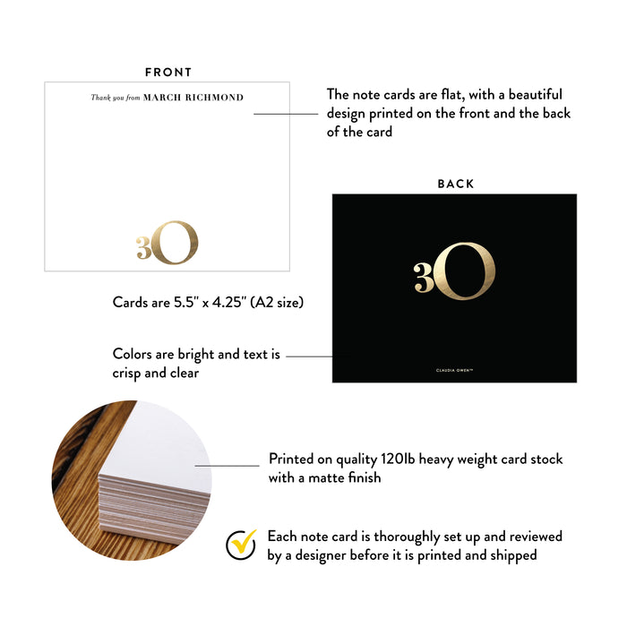 Black and Gold 30th Birthday Thank You Cards, Elegant Professional Stationery Correspondence Card, 30th Business Anniversary Thank You Notes