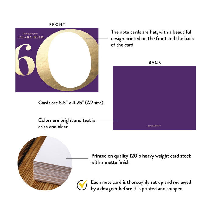 Gold and Purple Note Card for 60th Birthday Celebration, Elegant Thank You Notes Sixtieth Milestone Celebration, Stationery Card for 60th Business Anniversary