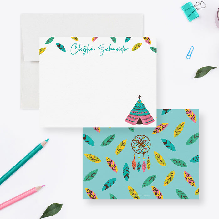 Summer Camp Personalized Note Cards, Custom Girls Camp Stationery Set, Birthday Camping Thank You Cards, Tribal Leaves Dream Catcher