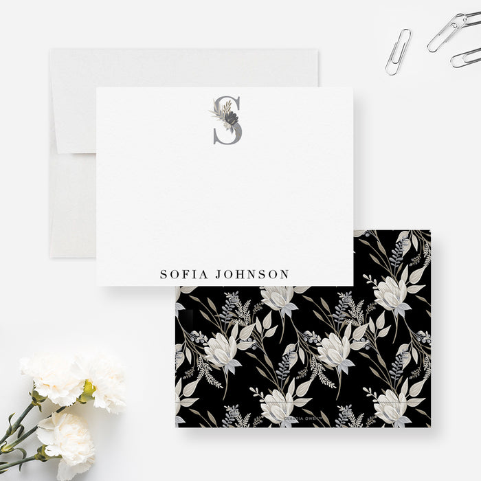 Floral Monogram Note Cards, Floral Stationary Set Personalized with your Initial and Name, Custom Women Thank You Notes, Elegant Flower Monogram Gifts