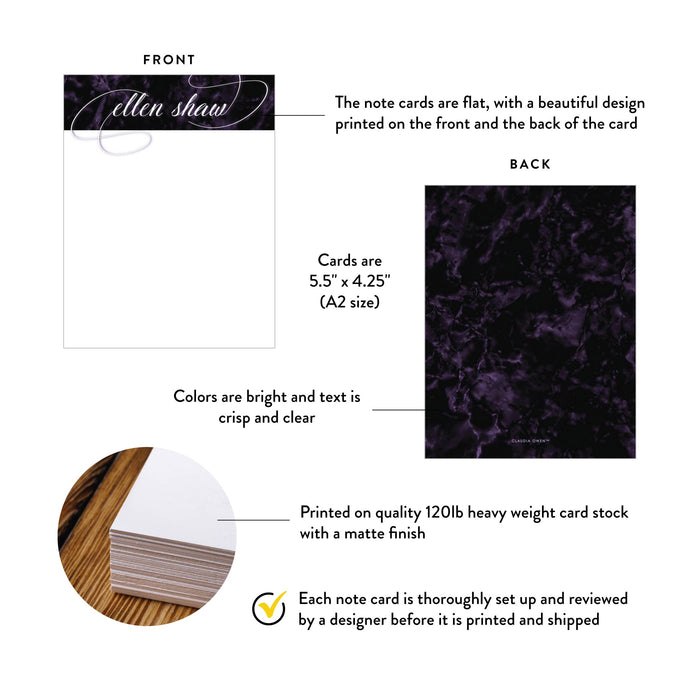 Elegant Note Card with Dark Purple Marble Design, Formal Birthday Thank You Card, Personalized Professional Stationery Correspondence Card with Beautiful Typography