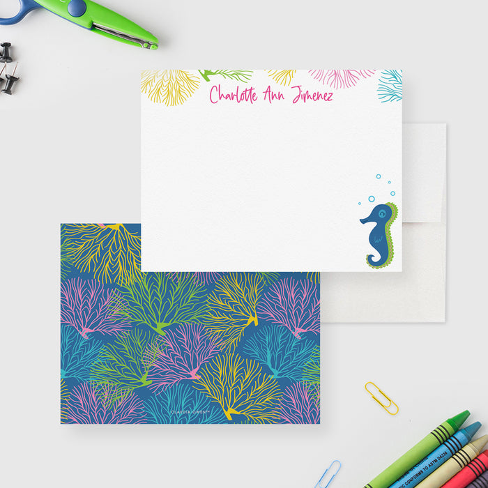 Seahorse Note Cards, Personalized Ocean Thank You Cards, Seahorse Stationery for Children, Seahorse Gift Under the Sea Coral Reef