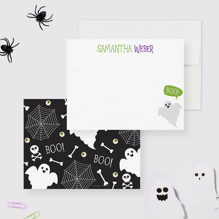 Halloween Ghost Note Card, Boo Birthday Thank You Notes, Cute Ghost Stationery Set, Spooky Ghost Spider Web Skull and Bones