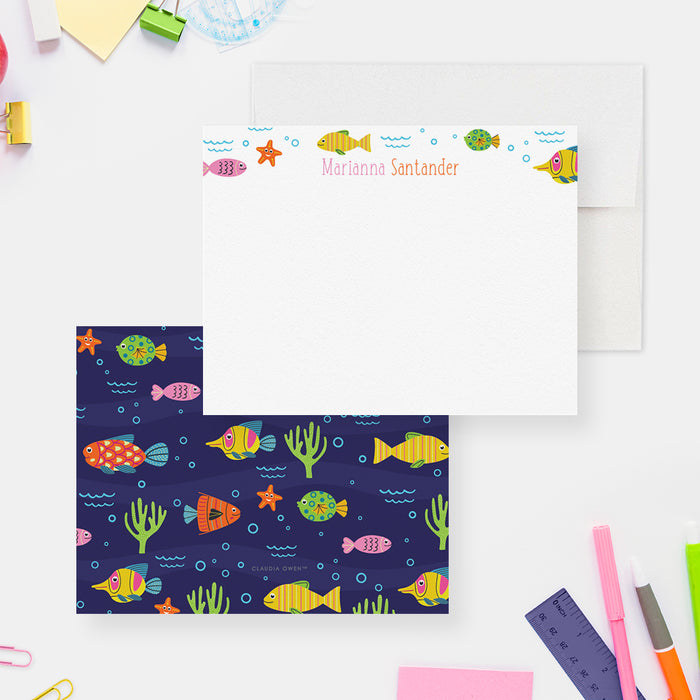 Fish Note Card Set, Sea Life Stationery for Children, Personalized Thank You Cards, Water Animal Ocean Lover Gift, Cute Kids Stationary