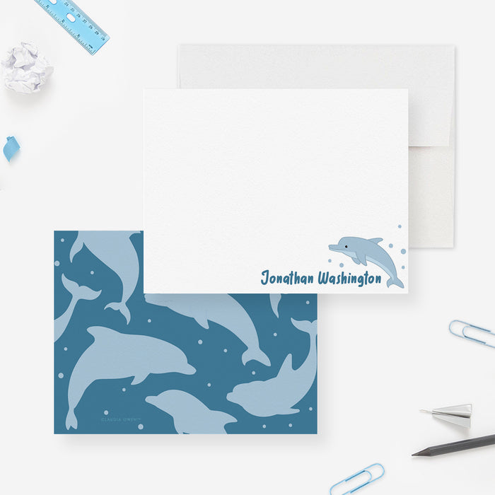 Dolphin Note Card, Kids Personalized Stationery, Ocean Themed Boy Baby Shower Dolphin Thank You Cards, Cute Whale Gifts