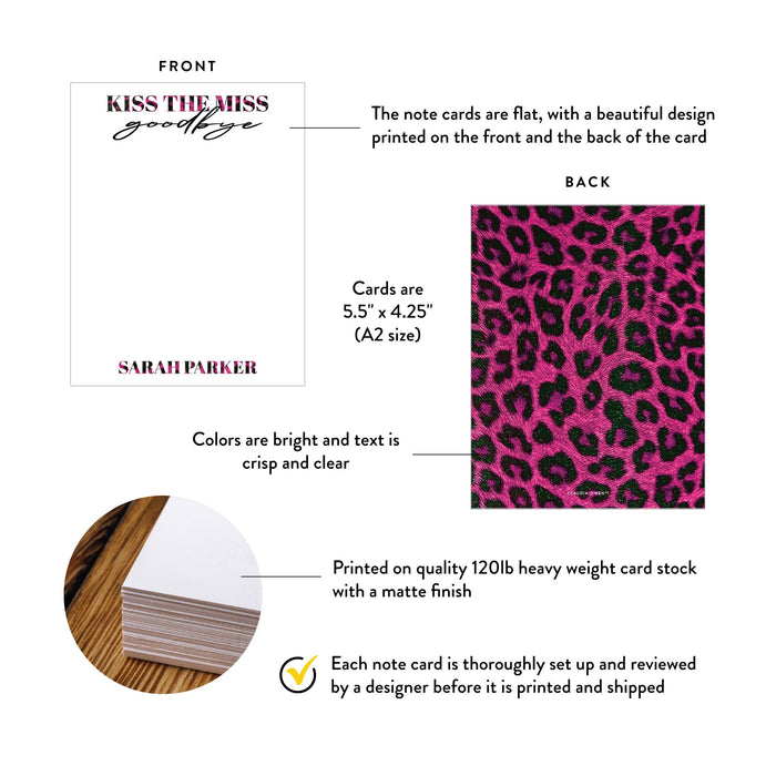 Kiss the Miss Goodbye Bachelorette Note Card with Pink Leopard Print