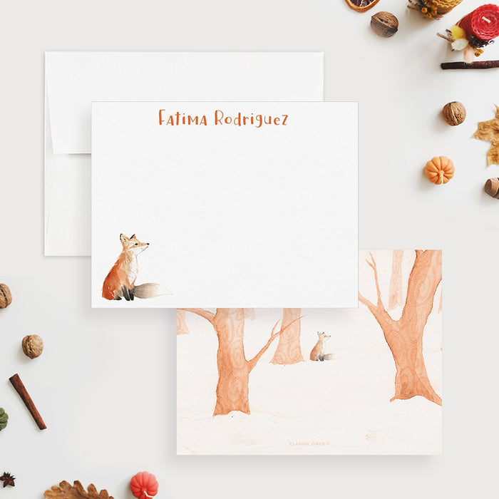 Personalized Fox Note Cards, Fox Thank You Cards with Envelopes, Fox Stationary Set for Kids, Woodland Fox