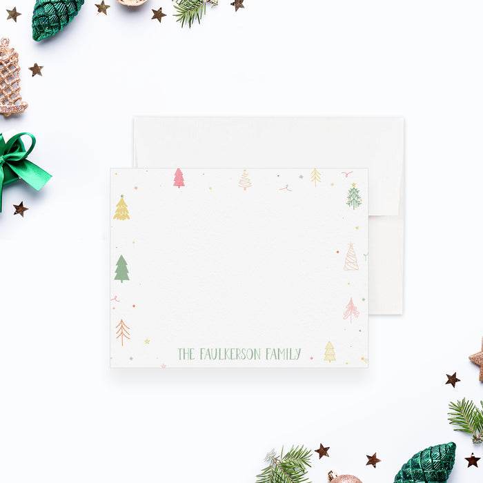 Rustic Christmas Greeting Cards, Christmas Tree Note Cards, Personalized Merry Christmas Card with Colorful Pine Trees