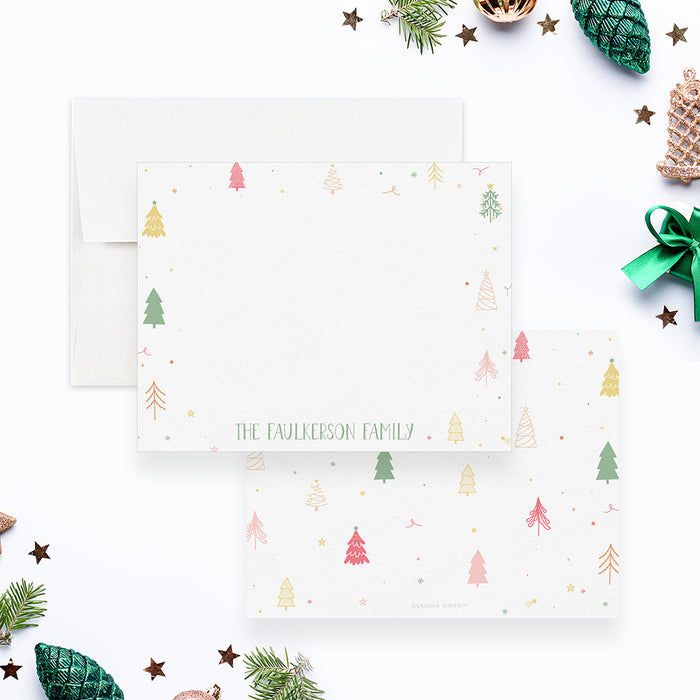 Rustic Christmas Greeting Cards, Christmas Tree Note Cards, Personalized Merry Christmas Card with Colorful Pine Trees, Holiday Greeting Cards