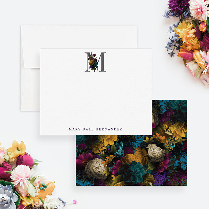 Custom Floral Monogram Note Card with Envelopes, Personalized Monogram Stationery For Women, Flower Initial Card, Moody Vintage Flower