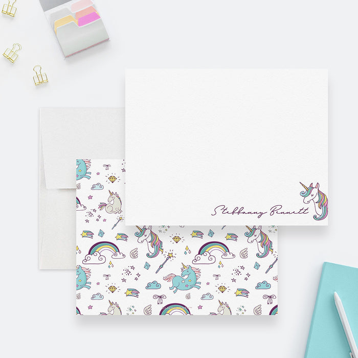 Unicorn Personalized Stationery for Girls Cute Note Card For Kids, Girl Stationery Fun Gift For Children Rainbow Magic Wand Star Pattern