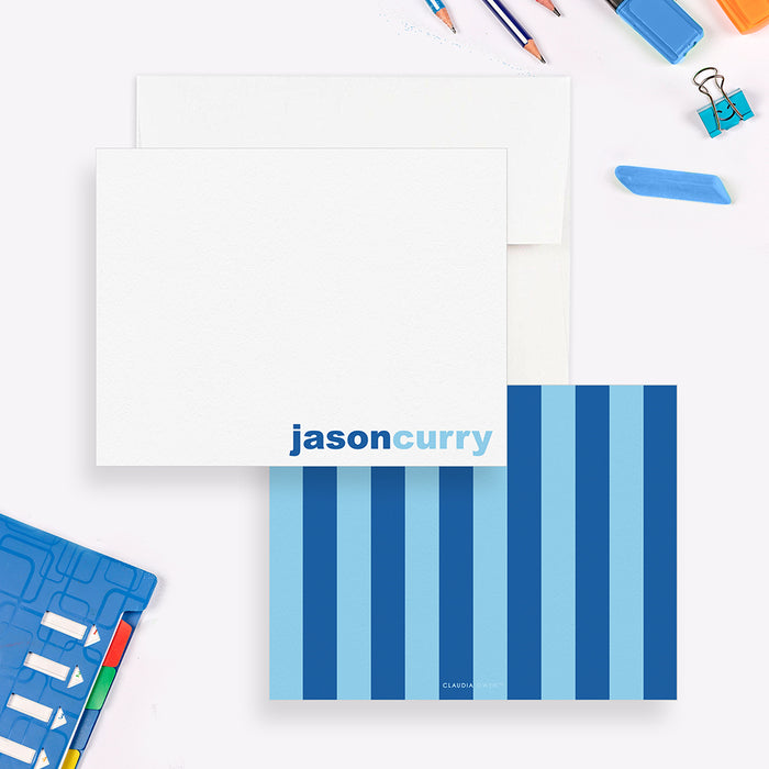 Personalized Note Card with Blue and White Stripes, Kids Boys Stationery Set, Children Thank You Notes, Plain Stationary for Men