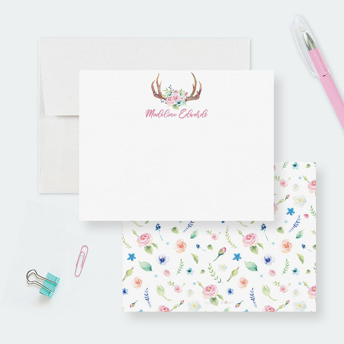 Boho Note Card Set For Women with Antlers and Flowers, Home and Office Floral Stationery, Girl Stationery Cards, Feminine Flower Stationary