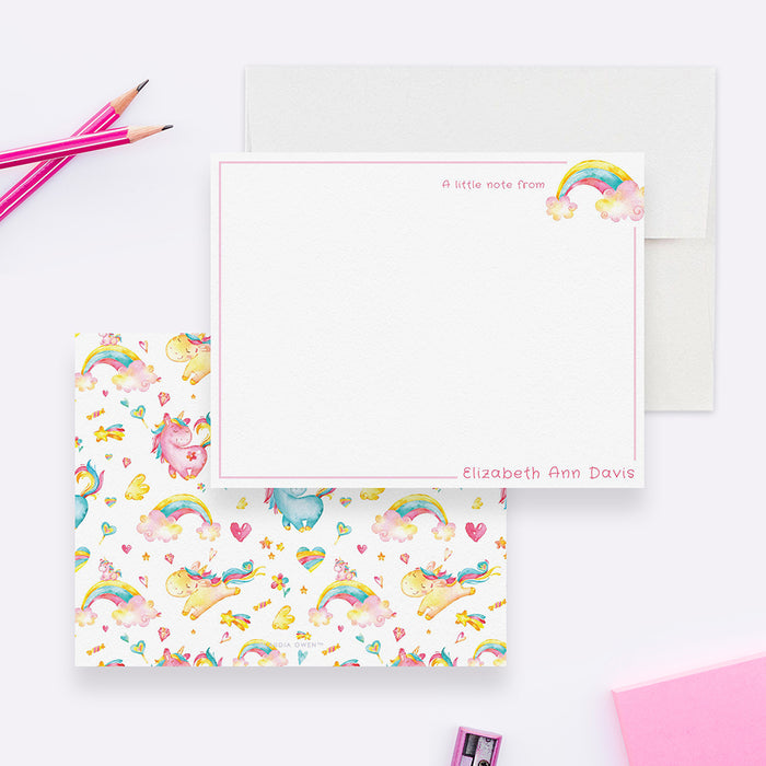 Personalized Unicorn Girl Stationery Note Card, Colorful Kids Stationery Cute Unicorn Note Card, Fun Gift For Children Rainbow and Hearts