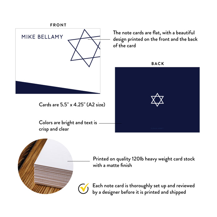 Bar Bat Mitzvah Thank You Cards, Jewish Religious Thank You Notes, Star of David Stationery Set in Navy Blue