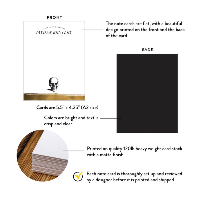 Personalized Gothic Skull Note Card Black Gold Halloween Card