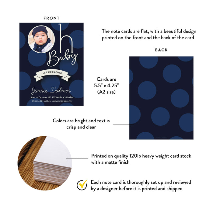 Personalized Navy Blue Polka Dot Baby Boy Photo Birth Announcement