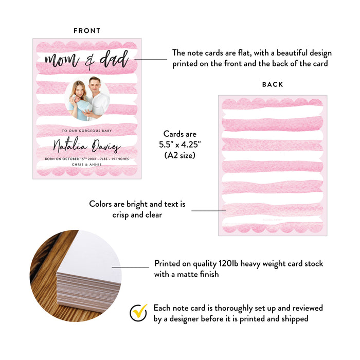 Personalized Pink Baby Girl Birth Announcement Card with Family Photo