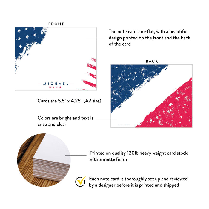 Patriotic Note Cards, American Memorial Day Thank You Notes, Veterans Day Thank You Card with USA Flag Colors, Personalized Patriotic Gifts, US Stationery Cards with Stars and Stripes