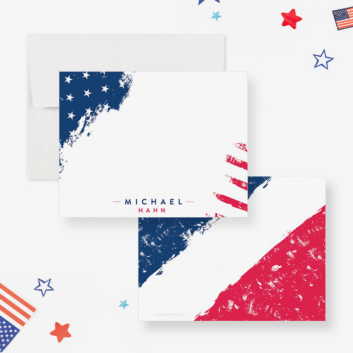 Patriotic Note Cards, American Memorial Day Thank You Notes, Veterans Day Thank You Card with USA Flag Colors, Personalized Patriotic Gifts, US Stationery Cards with Stars and Stripes