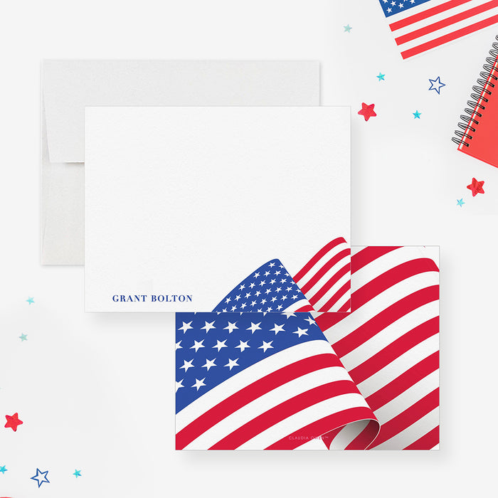Personalized Patriotic Stationary Set, Made in the USA Thank You Cards, 4th of July Note Cards, Memorial Day Stationary Cards with American Flag Gifts for Him