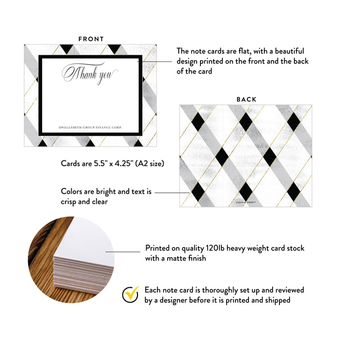 Elegant Note Card with Plaid Pattern in Silver Gold and Black, Business Thank You Cards, Thank You Note to Client, Company Thank You Cards