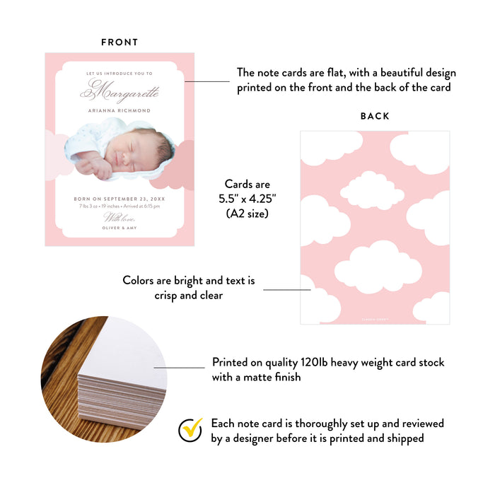Personalized Baby Girl Photo Birth Announcement Card with Pink Clouds