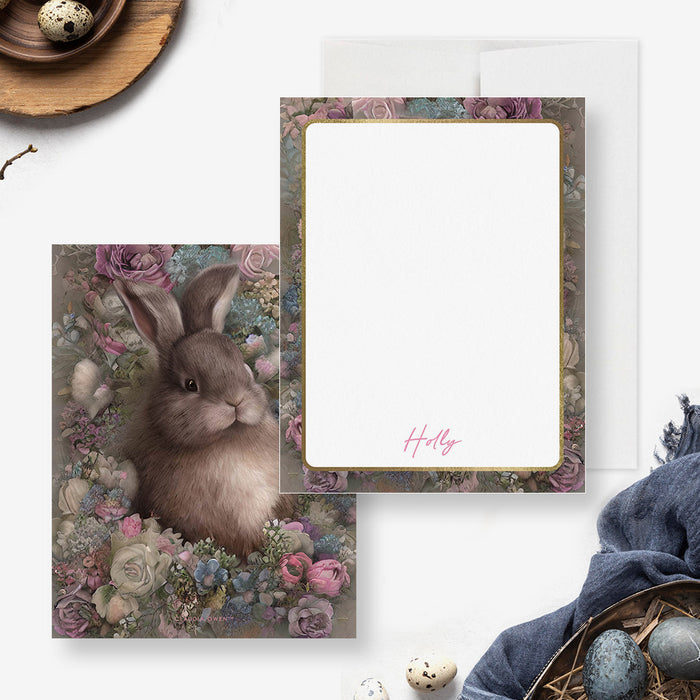 Easter Bunny Thank You Card, Personalized Rabbit Note Cards, Easter Rabbit Cards, Bunny Cards For Easter, Bunny Stationery Card, Vintage Bunny Greeting Card with Flowers