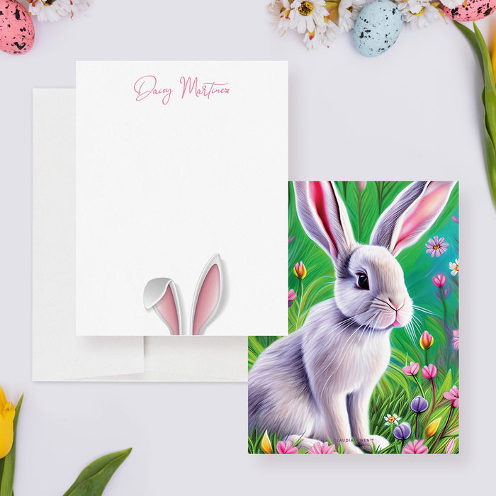 Bunny Ears Note Cards, Bunny Thank You Cards for Kids with Flowers, Easter Rabbit Cards, Spring Flower Stationary Cards, Rabbit Ears Stationery Set, Bunny Birthday Thank You Notes