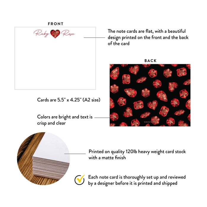 Red Ruby Note Cards, Personalized Stationery with Red Gems