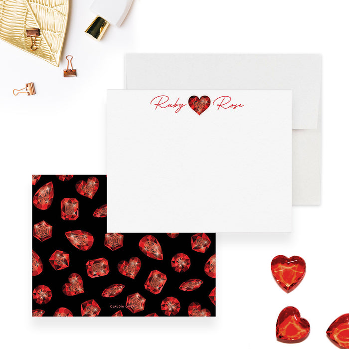 Red Ruby Note Cards, Personalized Stationery with Red Gems