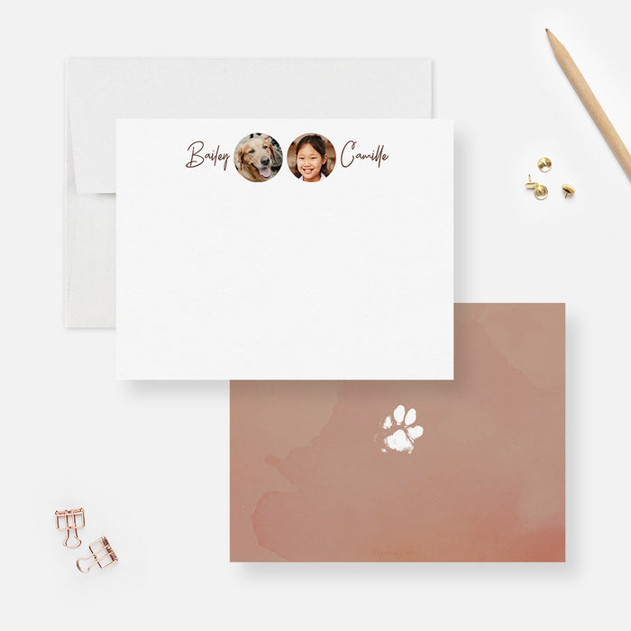 Personalized Photo Family Pet Note Cards, Dog Paw Themed Thank You Notes, Custom Dog Note Card with Kids and Pet Photos
