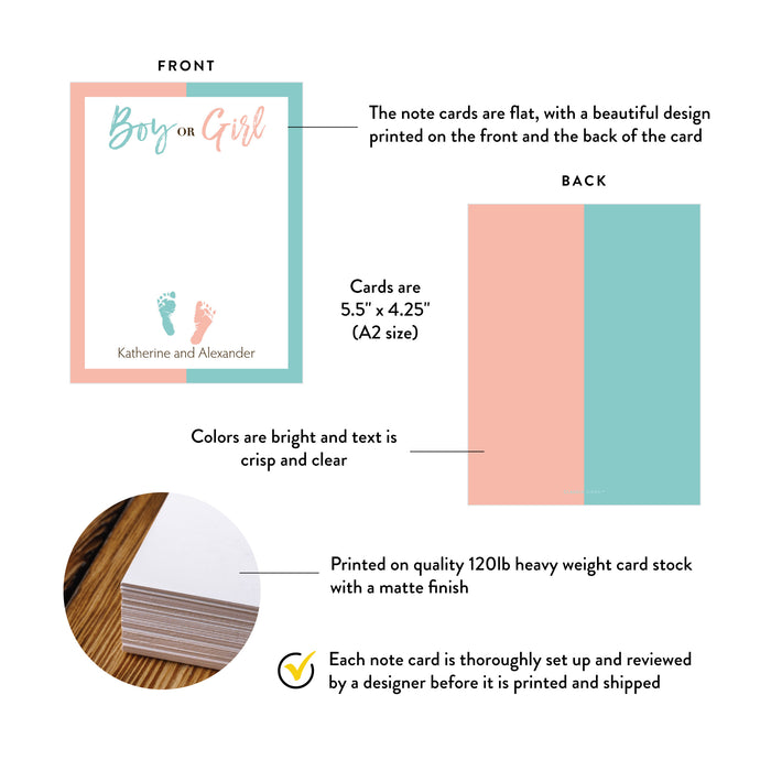 Personalized Boy or Girl Gender Reveal Note Card with Pink Blue Footprints