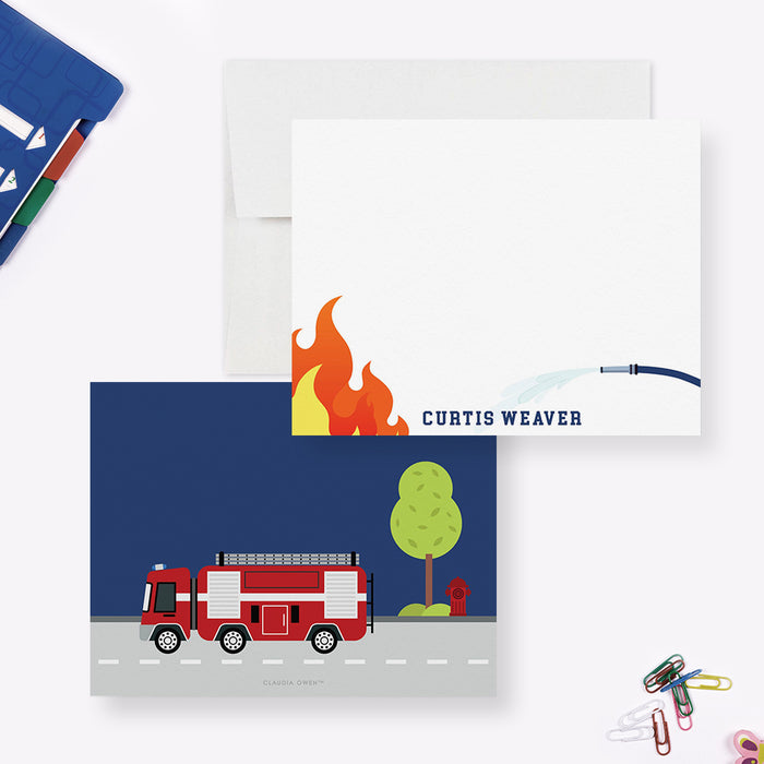 Fireman Note Card For Boys, Firefighter Stationery Thank You Card for Children, Fire Truck Birthday Thank You Notes