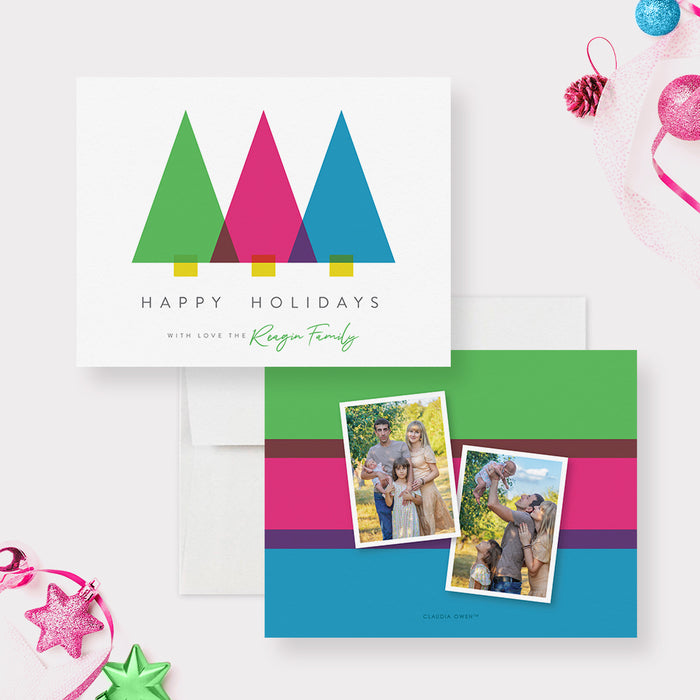 Colorful Holiday Cards with Family Photos, Personalized Holiday Greeting Cards, Personalized Picture Christmas Cards with Christmas Trees