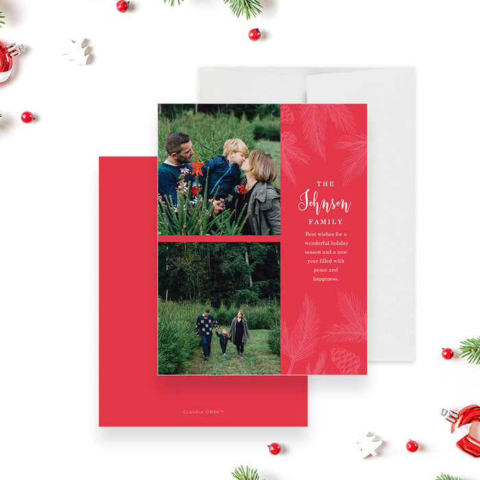 Red Christmas Card with Family Photos, Christmas Card with Pictures, Modern Family Holiday Card with Pine Boughs, Custom Holiday Cards with Envelopes