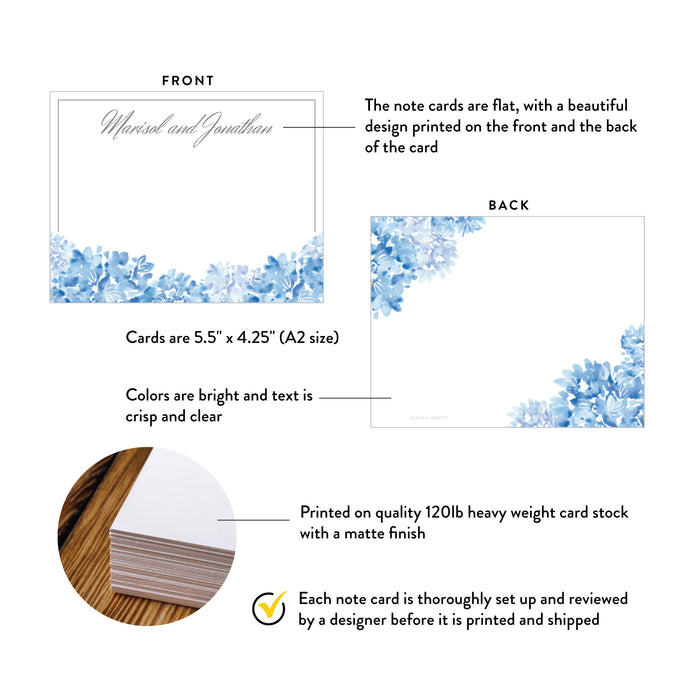 Personalized Blue Watercolor Hydrangea Wedding Note Card for Couples