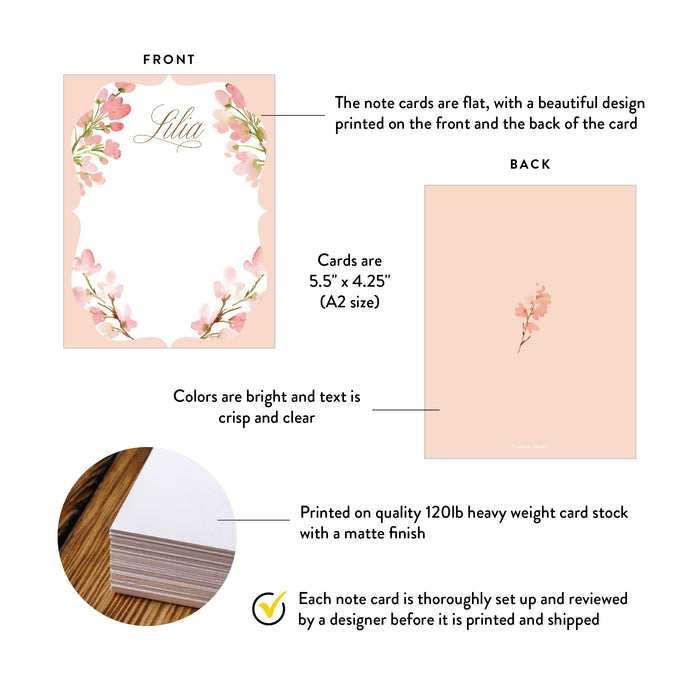 Personalized Blush Pink Watercolor Floral Note Cards for Women
