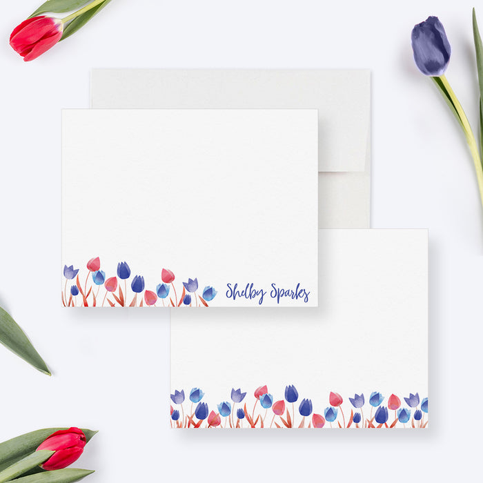 Personalized 4th of July Floral Note Cards with Tulip Flower Illustrations, Patriotic Floral Stationery, Independence Day Tulip Card Set