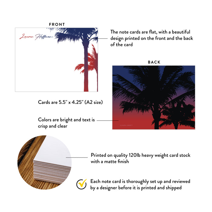 Patriotic Tropical Note Card Set, 4th of July Summer Stationery, Personalized Fourth of July Thank You Notes with Palm Trees