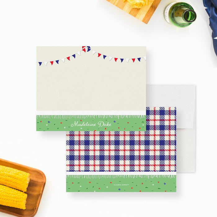 4th of July Note Card in Blue Red and White with Picnic Blanket on Green Grass, Summer Fourth of July Thank You Cards, Independence Day Thank You Notes