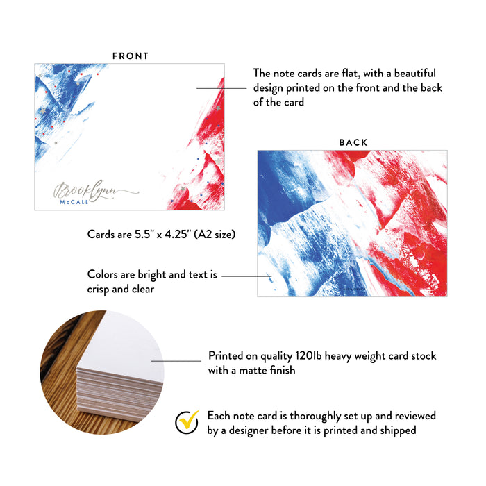 Red White and Blue Patriotic Note Cards, 4th of July Gift Ideas, Fourth of July Stationery Set, Memorial Day Thank You Notes with USA Flag Colors