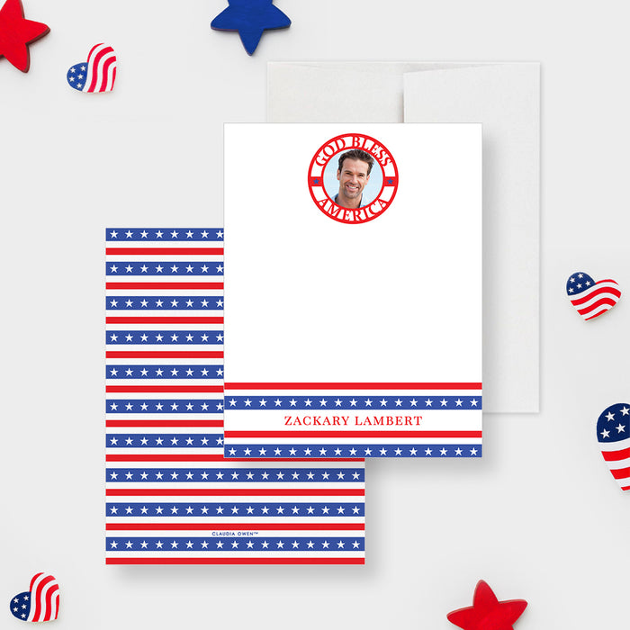 God Bless America Note Card with Photo, Patriotic Gifts for Him, Independence Day Note Cards, 4th of July American Pride Stationery